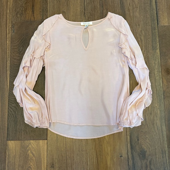 EUC Shilla Cascade Ruffle Blouse Top XS Keyhole Neck Long Sleeve Light Pink - Picture 1 of 7